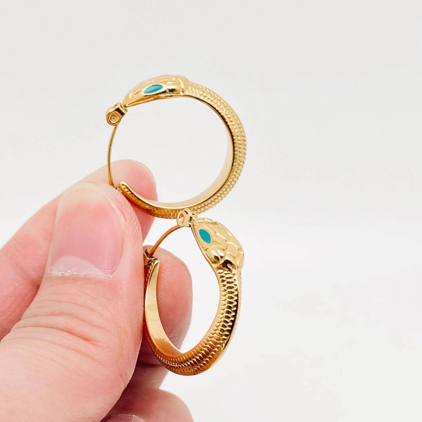 Enamel Green Eyes Snake 18K Gold Plated Hoop Earrings Mio Queena