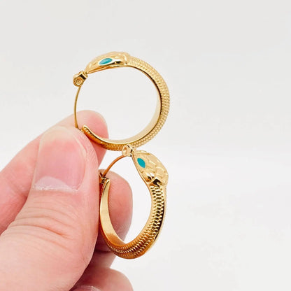 Enamel Green Eyes Snake 18K Gold Plated Hoop Earrings Mio Queena
