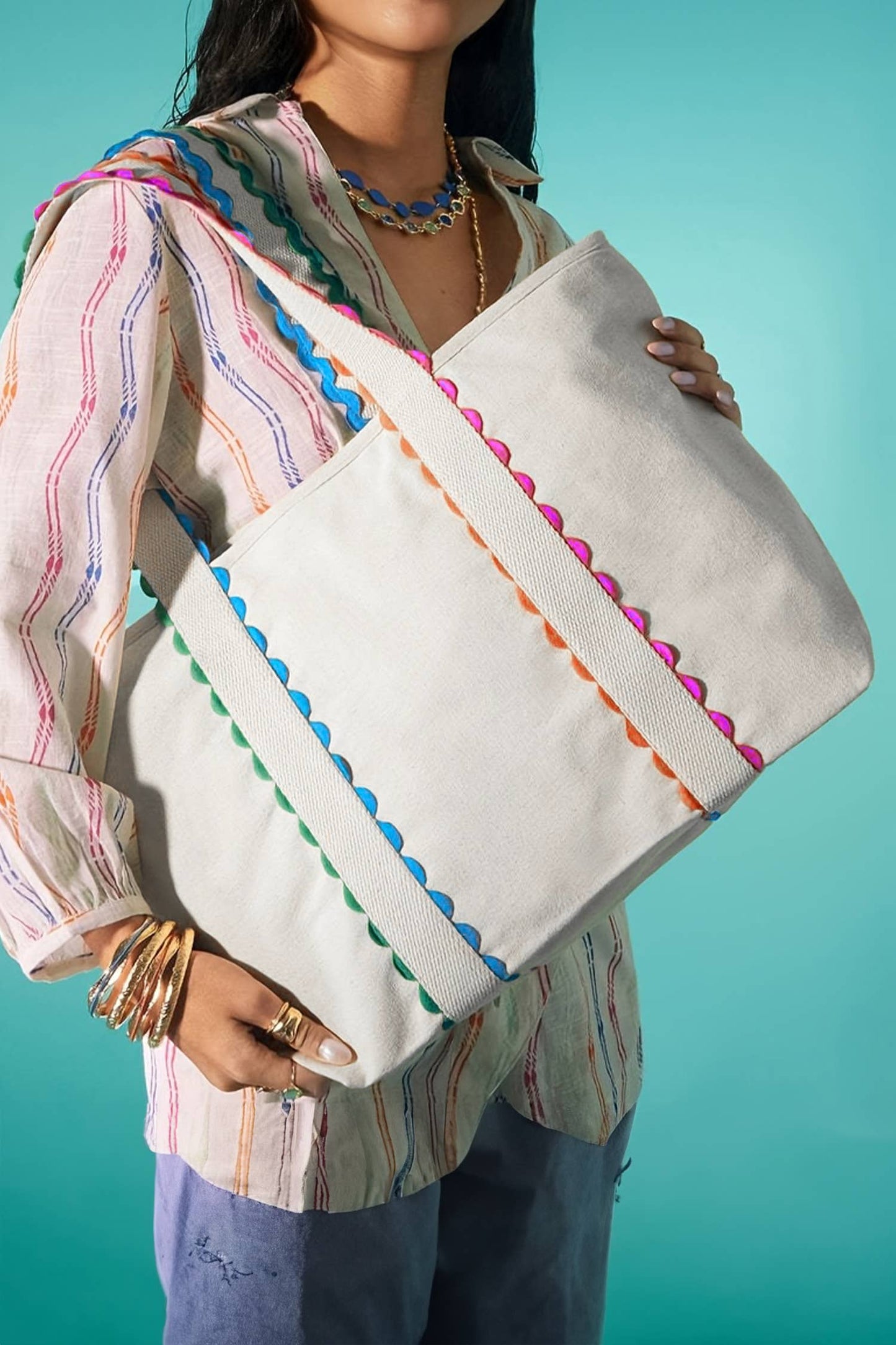 Colorful Ricrac Detail Canvas Tote Bag