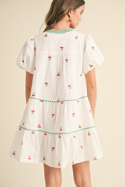 Fruit Embroidery Puff Sleeve Mini Dress