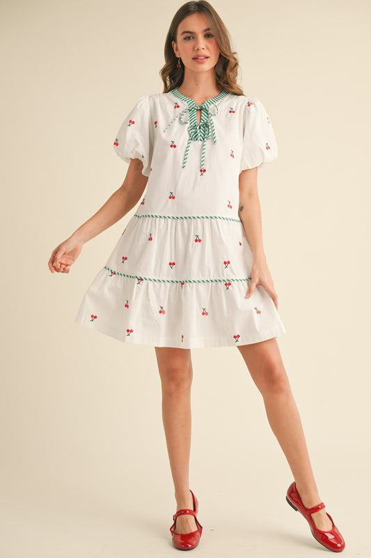 Fruit Embroidery Puff Sleeve Mini Dress