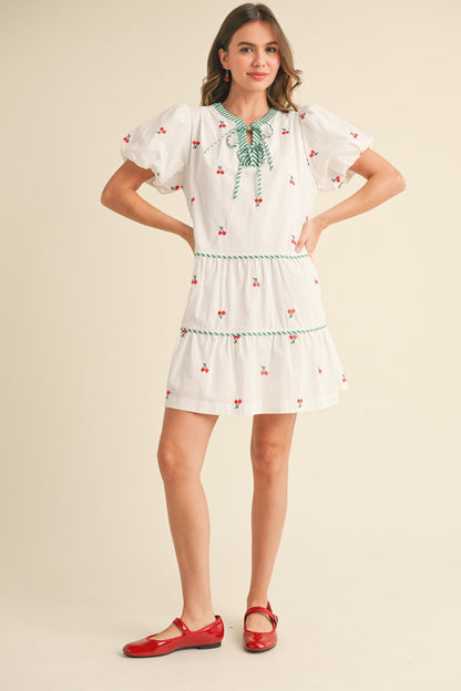 Fruit Embroidery Puff Sleeve Mini Dress