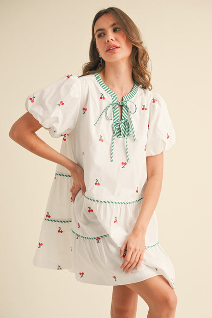 Fruit Embroidery Puff Sleeve Mini Dress