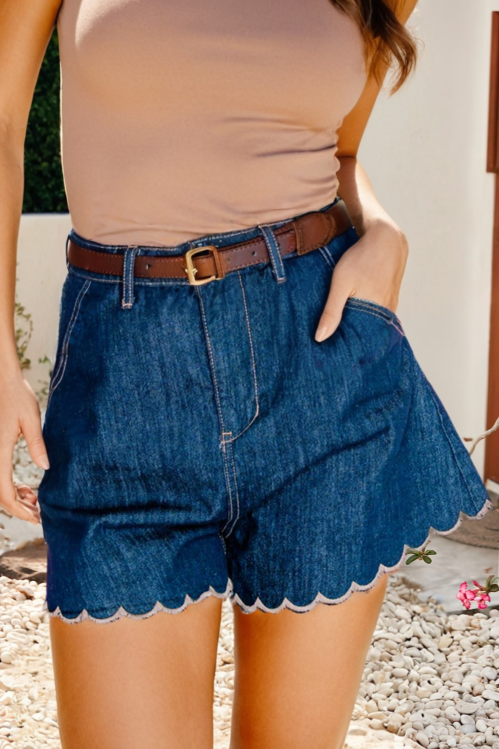 Embroidered Scalloped Trim Relaxed Denim Shorts