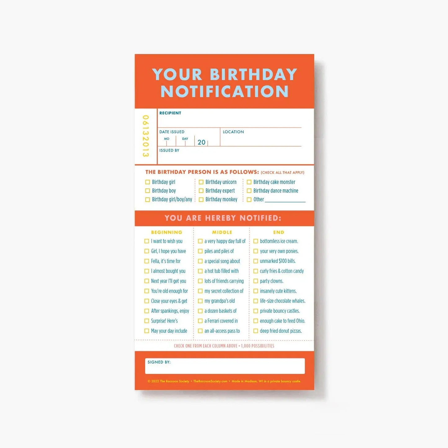 Ticket Pad: Birthday The Raccoon Society
