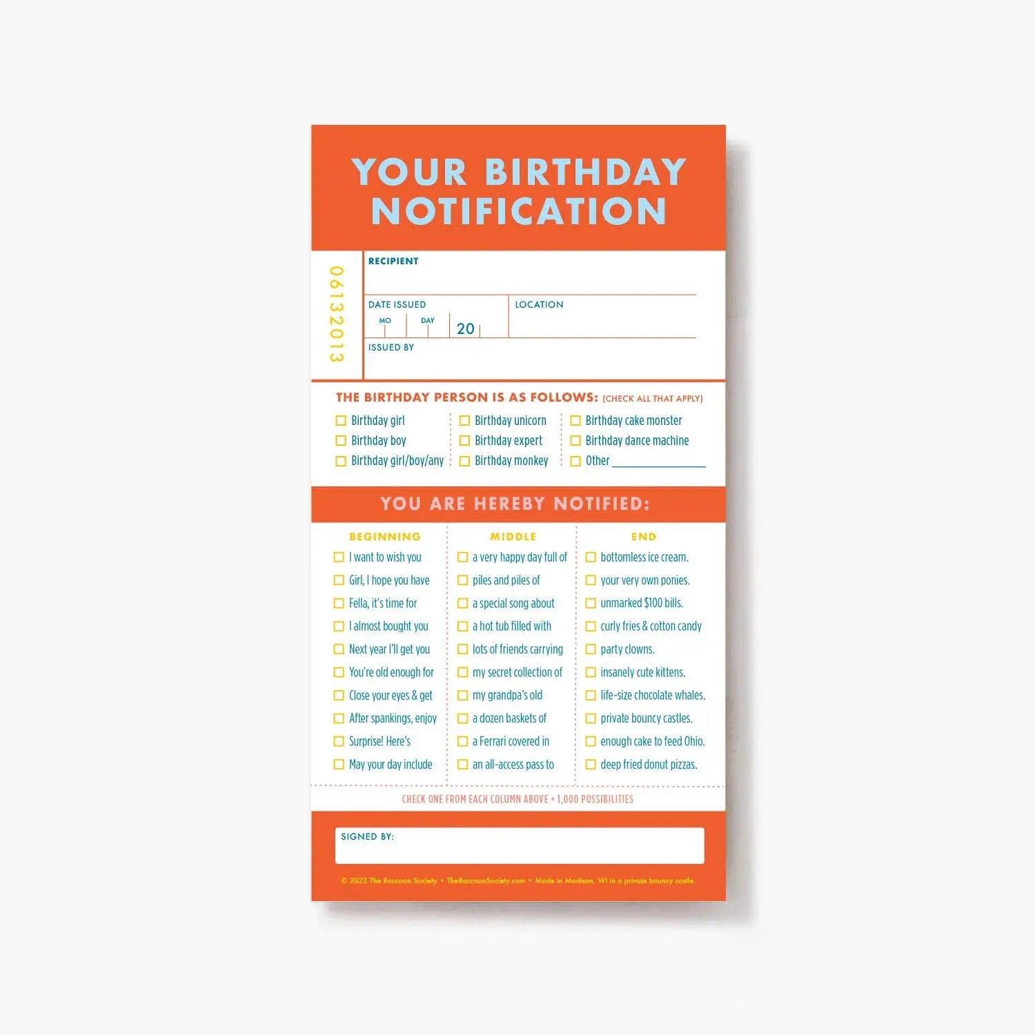 Ticket Pad: Birthday The Raccoon Society
