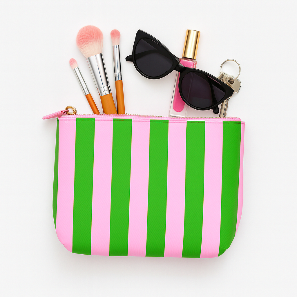 Pink & green stripe cosmetic bag