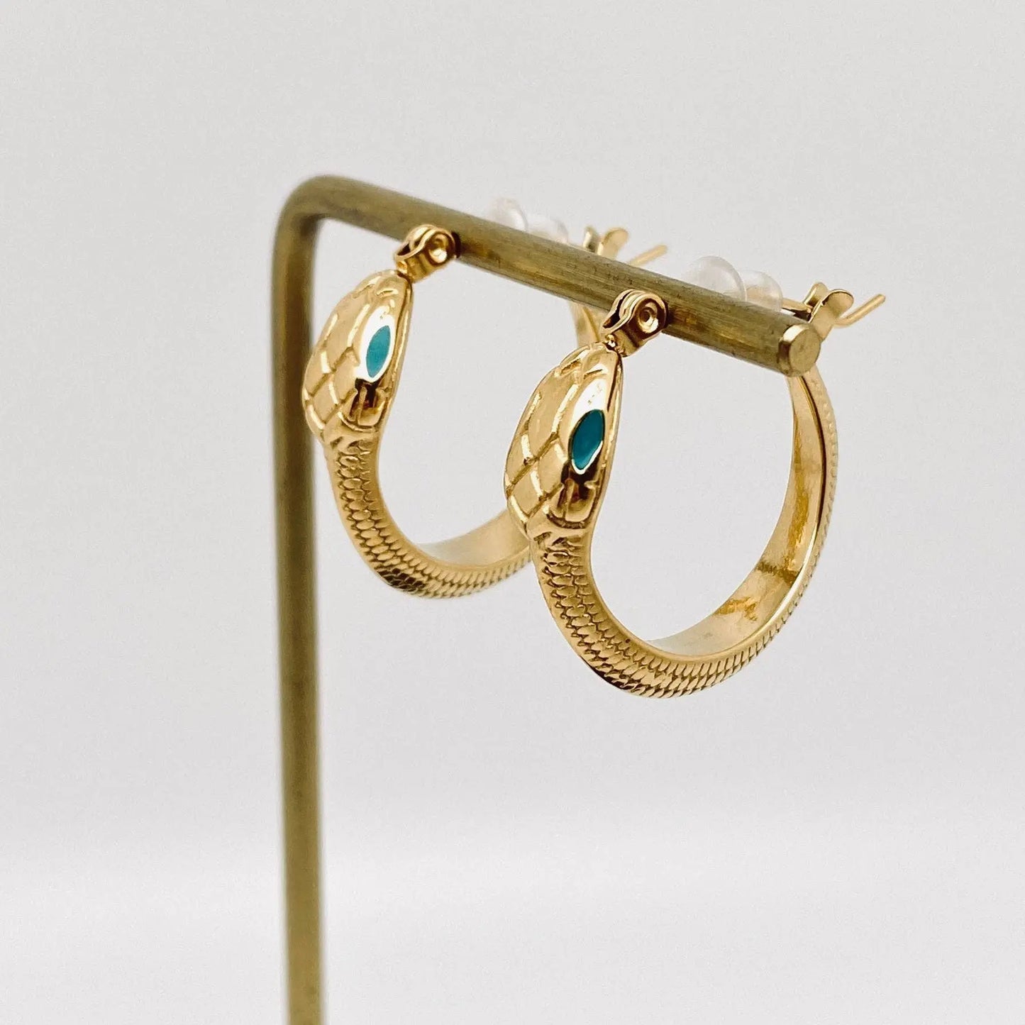 Enamel Green Eyes Snake 18K Gold Plated Hoop Earrings Mio Queena