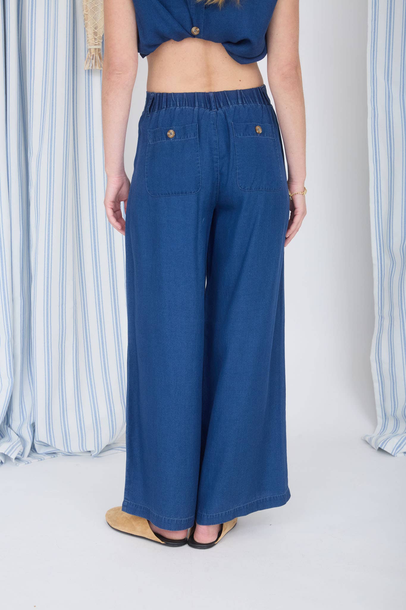 Chambray pintuck wide leg pants