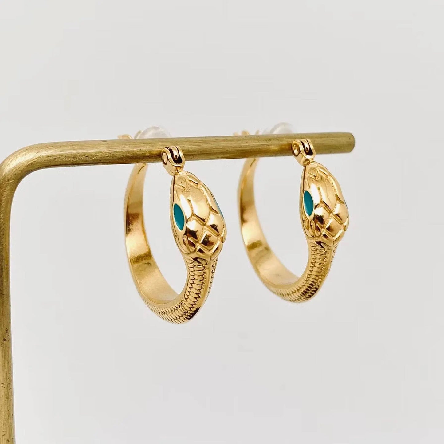 Enamel Green Eyes Snake 18K Gold Plated Hoop Earrings Mio Queena