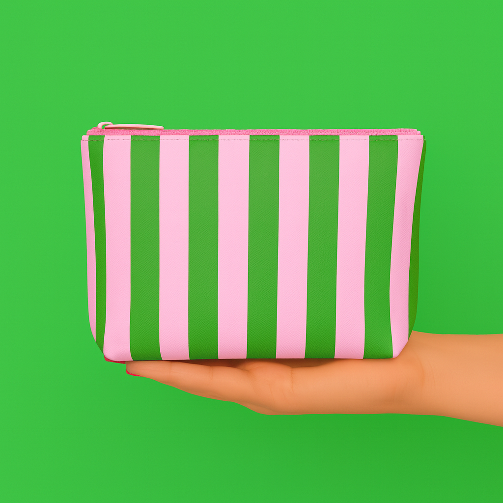 Pink & green stripe cosmetic bag