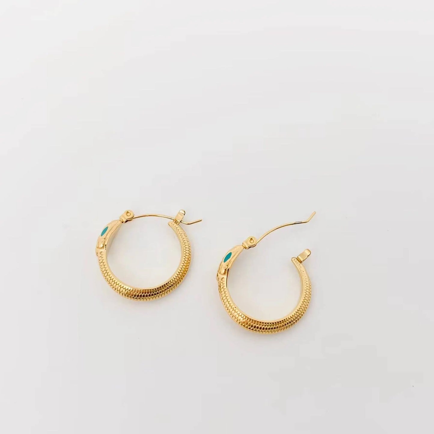 Enamel Green Eyes Snake 18K Gold Plated Hoop Earrings Mio Queena
